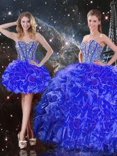 Low Price Blue Sweetheart Lace Up Beading and Ruffles Quinceanera Dresses Sleeveless