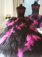 Cheap Pink And Black Sleeveless Floor Length Beading and Ruffles Lace Up Quinceanera Gowns