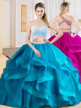  Sleeveless Tulle Floor Length Criss Cross Quinceanera Gown in Baby Blue with Beading and Ruffles
