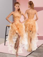  Gold Lace Up Prom Gown Beading and Ruffles Sleeveless High Low