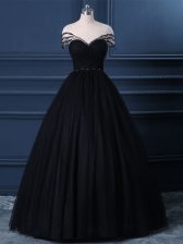  Black Scoop Side Zipper Beading Dress for Prom Short Sleeves