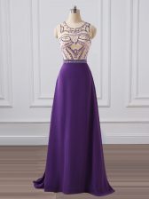  Sleeveless Beading Zipper Prom Dress with Purple Brush Train