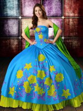  Strapless Sleeveless Quinceanera Gown Floor Length Embroidery Multi-color Satin