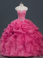  Sleeveless Organza Floor Length Lace Up Quince Ball Gowns in Hot Pink with Beading and Ruffles and Pick Ups