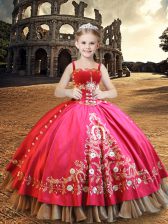  Sleeveless Floor Length Embroidery Lace Up Little Girl Pageant Dress with Hot Pink