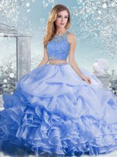  Sleeveless Organza Floor Length Clasp Handle 15 Quinceanera Dress in Baby Blue with Beading and Ruffles and Pick Ups