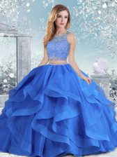 Sexy Royal Blue Scoop Neckline Beading and Ruffles Quince Ball Gowns Long Sleeves Clasp Handle