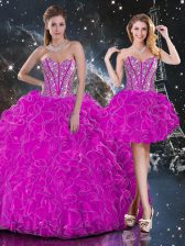 Wonderful Sweetheart Sleeveless Quinceanera Gown Floor Length Beading and Ruffles Fuchsia Organza