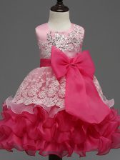  Ball Gowns Flower Girl Dresses Hot Pink Scoop Organza Sleeveless Tea Length Zipper