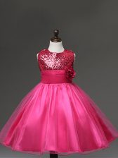Custom Fit Hot Pink Tulle Zipper Scoop Sleeveless Knee Length Child Pageant Dress Sequins and Hand Made Flower