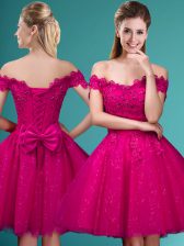  Fuchsia Cap Sleeves Knee Length Lace and Belt Lace Up Dama Dress for Quinceanera