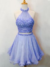 Custom Design Knee Length Lace Up Quinceanera Court Dresses Lavender for Prom and Party and Wedding Party with Beading