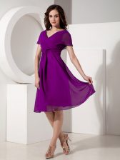 Customized Eggplant Purple Empire Ruching Prom Dress Zipper Chiffon Short Sleeves Knee Length