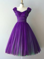  Purple Cap Sleeves Knee Length Ruching Lace Up Court Dresses for Sweet 16