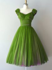  Green Cap Sleeves Knee Length Ruching Zipper Quinceanera Court Dresses
