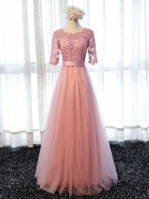 High Quality Tulle Scoop Half Sleeves Lace Up Lace Dama Dress in Pink 