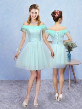  Mini Length Lace Up Damas Dress Aqua Blue for Prom and Party with Lace