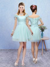  V-neck Short Sleeves Tulle Court Dresses for Sweet 16 Lace Lace Up