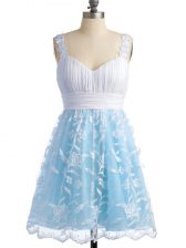 Affordable Light Blue Sleeveless Lace Lace Up Vestidos de Damas for Prom and Party and Wedding Party
