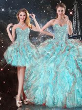 Custom Design Floor Length Aqua Blue Sweet 16 Dresses Organza Sleeveless Beading and Ruffles