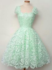 Graceful Apple Green Quinceanera Court Dresses Prom and Party and Wedding Party with Lace Straps Cap Sleeves Lace Up