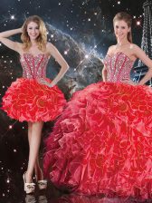 Beautiful Sweetheart Sleeveless Lace Up Vestidos de Quinceanera Coral Red Organza