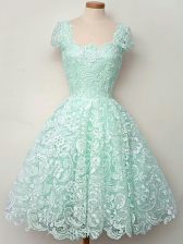 Fantastic Apple Green Cap Sleeves Lace Knee Length Quinceanera Court of Honor Dress
