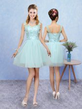  Mini Length A-line Sleeveless Aqua Blue Dama Dress for Quinceanera Lace Up