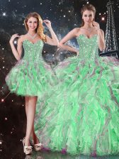  Sleeveless Organza Floor Length Lace Up Sweet 16 Dress in Apple Green with Beading and Ruffles