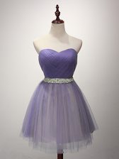 Exceptional Sleeveless Mini Length Beading and Ruching Lace Up Quinceanera Court of Honor Dress with Lavender