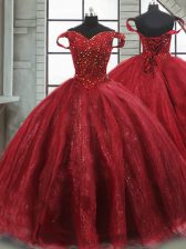 Wine Red Sleeveless Tulle Brush Train Lace Up Vestidos de Quinceanera for Military Ball and Sweet 16 and Quinceanera