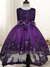 Fancy Sleeveless Zipper High Low Lace and Appliques and Bowknot and Hand Made Flower Little Girls Pageant Gowns