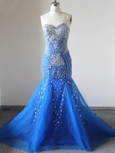  Royal Blue Mermaid Beading Prom Dress Zipper Tulle Sleeveless