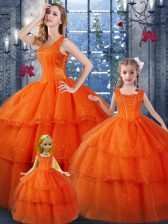Discount Floor Length Lace Up Quince Ball Gowns Orange Red for Military Ball and Sweet 16 and Quinceanera with Ruffled Layers