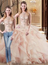 Most Popular Peach Scoop Neckline Beading and Ruffles Quinceanera Dress Sleeveless Lace Up