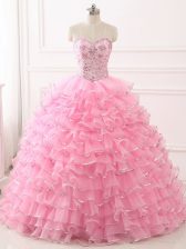 Amazing Lace Up Ball Gown Prom Dress Baby Pink for Military Ball and Sweet 16 and Quinceanera with Beading and Ruffled Layers Sweep Train