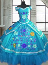 Sweet Floor Length Lace Up Quinceanera Dresses Teal for Military Ball and Sweet 16 and Quinceanera with Beading and Embroidery