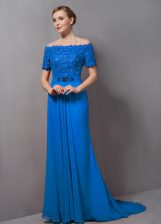  Blue Prom Dresses Off The Shoulder Short Sleeves Sweep Train Zipper