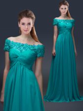  Empire Dress for Prom Teal Off The Shoulder Chiffon Short Sleeves Floor Length Lace Up