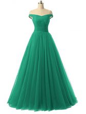  Green Tulle Lace Up Prom Dresses Sleeveless Floor Length Ruching