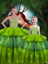 Dynamic Olive Green Organza Lace Up Sweet 16 Dress Sleeveless Floor Length Beading and Ruffled Layers