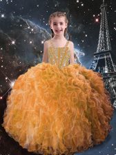  Beading and Ruffles Little Girl Pageant Gowns Orange Red Lace Up Sleeveless Floor Length