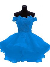 Fine Blue Organza Zipper Off The Shoulder Sleeveless Mini Length Prom Dress Lace and Appliques and Ruffles