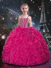  Fuchsia Sleeveless Organza Lace Up Teens Party Dress for Quinceanera and Wedding Party