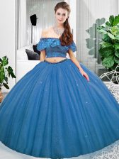 Custom Made Blue Off The Shoulder Lace Up Lace Quinceanera Dress Sleeveless