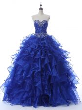 Fabulous Royal Blue Ball Gowns Sweetheart Sleeveless Organza Floor Length Lace Up Beading and Ruffles Quinceanera Dress