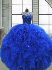  Royal Blue Sleeveless Organza Zipper Quinceanera Dresses for Military Ball and Sweet 16 and Quinceanera