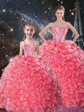 Shining Beading and Ruffles Quinceanera Gowns Coral Red Lace Up Sleeveless Floor Length