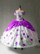 Fabulous White And Purple Ball Gowns Off The Shoulder Cap Sleeves Organza and Taffeta Floor Length Lace Up Embroidery and Ruffles Quince Ball Gowns