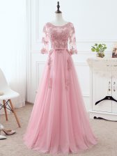 Comfortable 3 4 Length Sleeve Lace Up Floor Length Lace and Appliques and Belt 